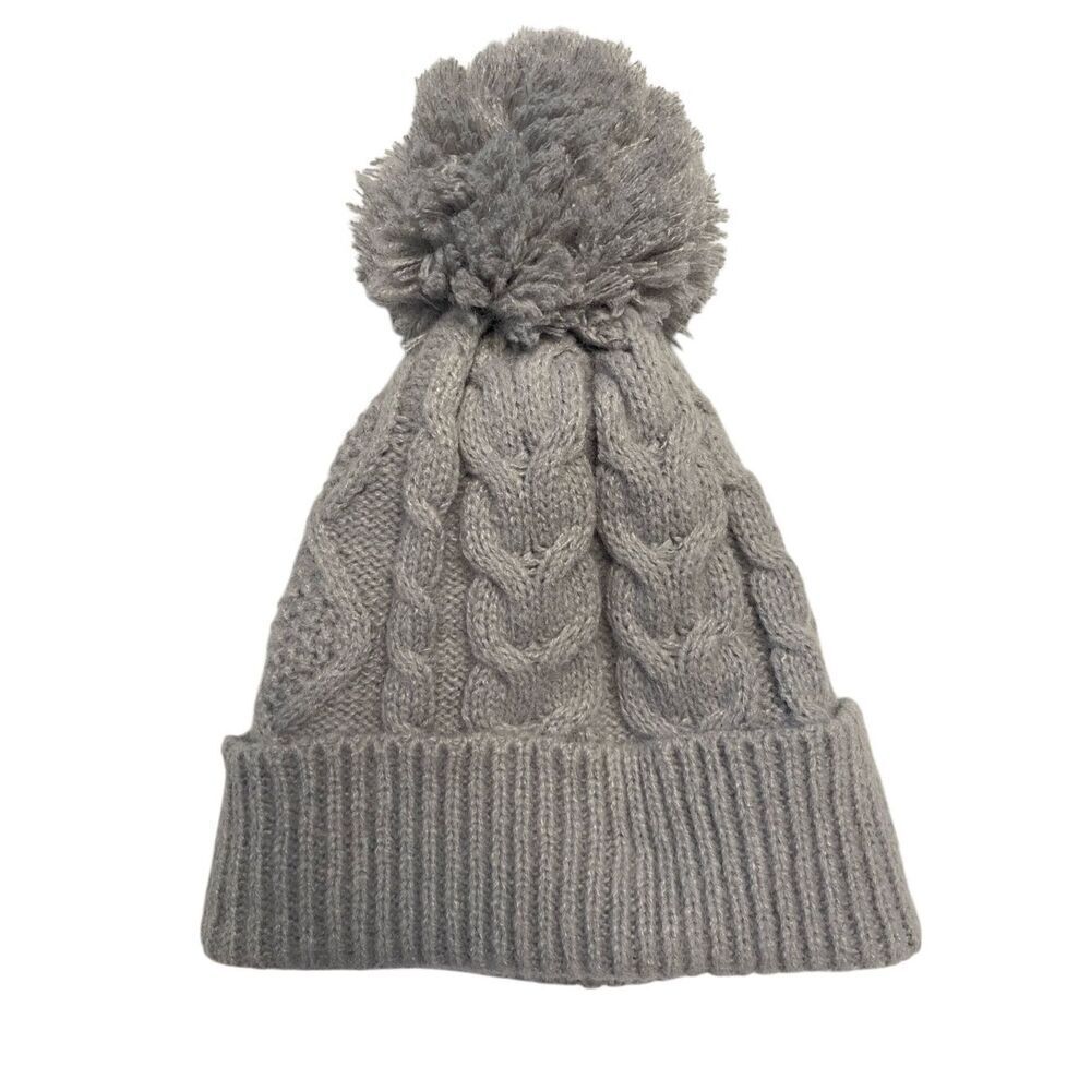 Sonoma Gray Cable Knit Pom Beanie Faux Fur Lined Cozy Winter Hat Womens Snow
